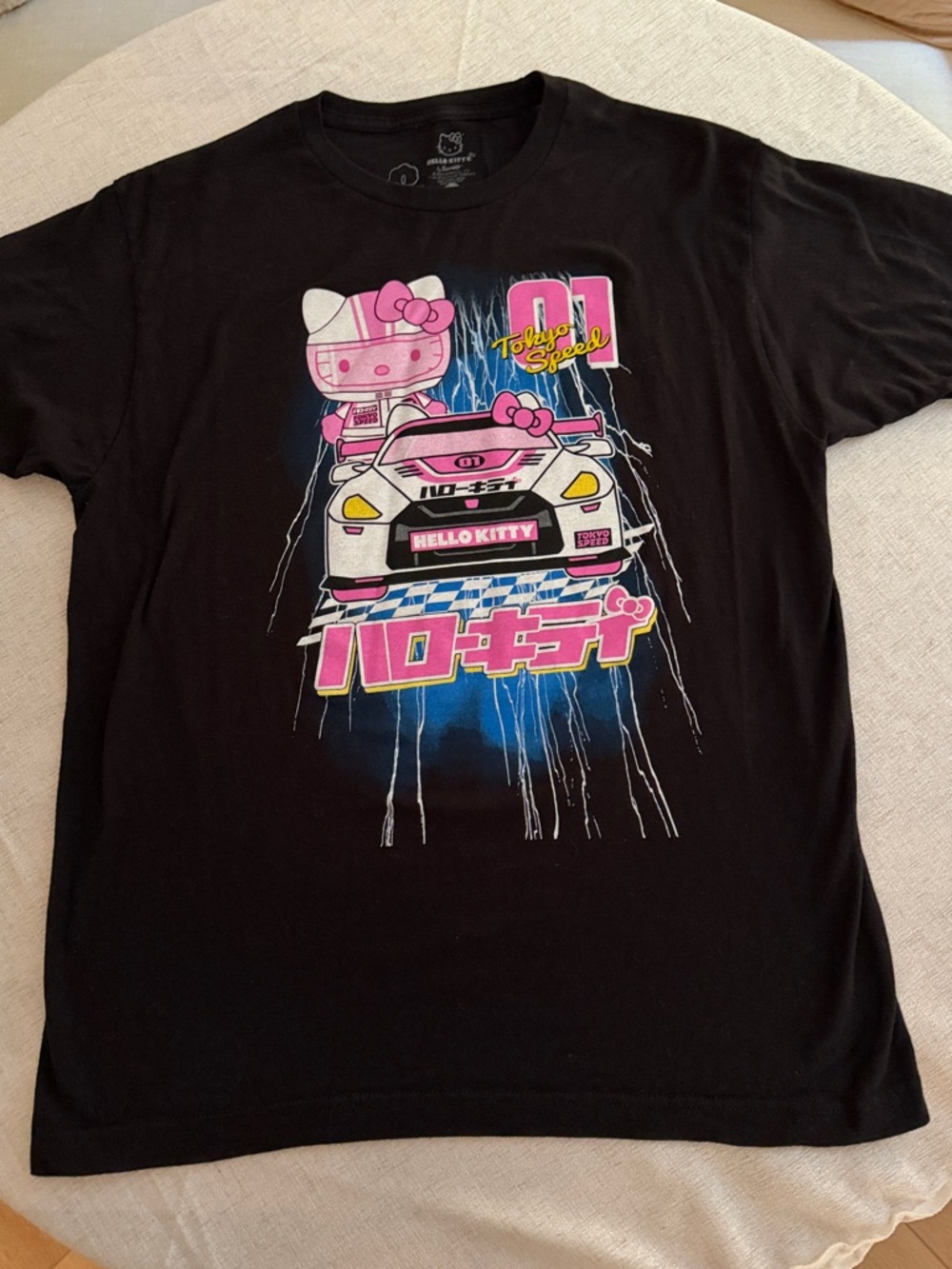 Hello Kitty - Sanrio Black Tee with Pink & White Hello Kitty Racing Graphic